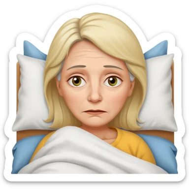 A 55-year-old woman lying in bed. She looks exhausted and desperate, with visible dark circles under her eyes, tired facial expression. sticker