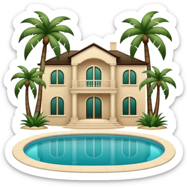 light beige luxury villa with dark green palm trees and swimming pool, emoji style sticker