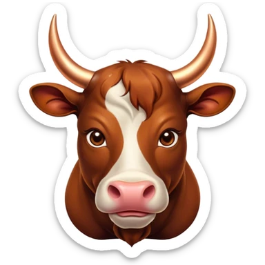Cinematic Cute Domestic Bull Portrait Emoji, Head tilted playfully and inquisitively, with a sturdy, compact build and a smooth, polished coat of rich copper and brown hues accentuated by gently curved horns, round, sparkling eyes full of curious determination, Simplified yet irresistibly adorable features, highly detailed, glowing with a warm, friendly glow, high shine, affectionate and spirited, stylized with a touch of rustic charm, soft glowing outline, capturing the essence of a mischievous yet loving domestic bull that feels like it could trot out of the screen and into your arms! sticker
