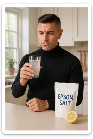 A realistic, bright photo-style image of a young man in his 30s standing in his kitchen, holding a clear glass filled with water in which Epsom salt (magnesium sulfate) has been dissolved. He looks focused but slightly uncertain as he prepares to drink it for a liver flush or digestive cleanse. The glass shows slight cloudiness from the dissolved salt. On the counter are a packet labeled 'Epsom Salt' and a sliced lemon, suggesting he might use it to mask the taste. The setting is clean, natural, and bright with neutral tones. The background shows sunlight streaming through a window, emphasizing a clean, minimalist health-focused environment. The mood conveys a realistic, calm moment of self-care with a hint of discomfort, illustrating a natural detox practice in italiano sticker