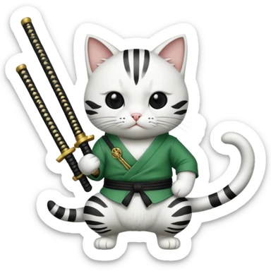 un gato blanco con reeferencia a roroa zoro "una espada en cada mano y una en la boca sticker