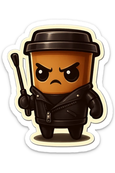 Tall coffee cup, dressed in leather holding a whipping crop, serious expression sticker