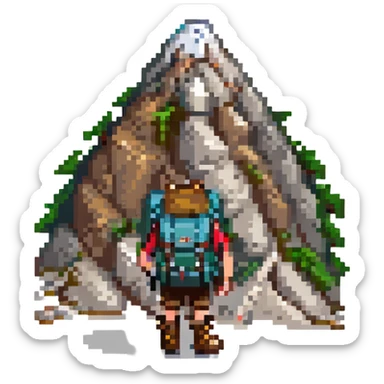 a mountain with a backpack and hiking boots sticker