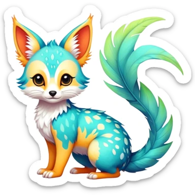 Feral Rare Fantasy vibrant colorful tropical cute, kawaii, cool, ed Vernid-Trico-species by LiLaiRa, random markings, tufted tail, tufted ears, full body, cheek markings sticker