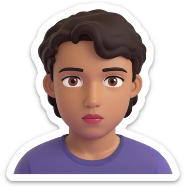 apple style 3D emoji of a teenage boy, front-facing, medium-brown skin, rectangular face, short wavy black hair, thick eyebrows, dark brown almond eyes, calm neutral expression, medium nose, full lips, faint mustache, black t-shirt, faint scar on right cheek, no headphones, plain background sticker