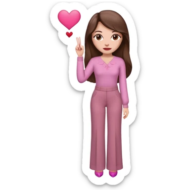  emoji, inspired with brunette hair, brown eyes, long hair, heart shape lips and pink make up  and pink nails, mauve pink blush and brown wide leg pants, burgundy shoulder drop shirt, brown heels , princess hair, brown heels  sticker