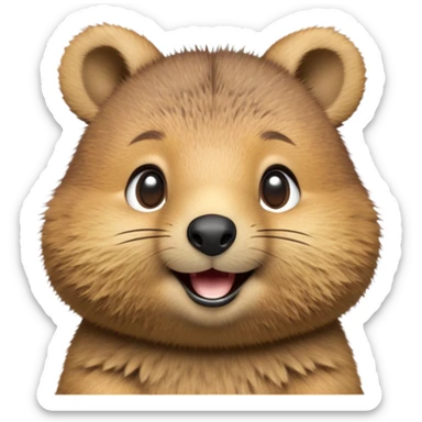cinematic-realistic quokka-emoji,-small-round-frame-balanced-on-tiny-strong-hind-legs, head tilted in an endearing manner, comical smil, giant-fluffy-cheeks-large-smile-fluffy-brown-fur-radiating-a-warm-softness,-big-round-eyes-filled-with-joy, realistic fluffy zoomed in sticker