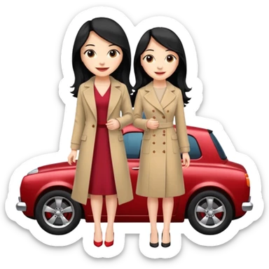A fast, expensive black car with a young woman beside it The young woman has long black hair, wears a beige formal coat, and underneath is a cherry-colored dress.   sticker