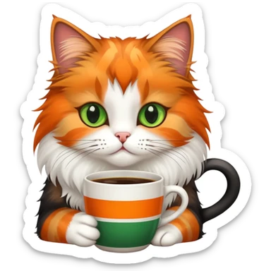 tricolor fluffy cat with big green eyes drinking a cup of coffee sticker
