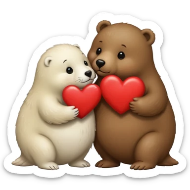 tiny white seal kissing a big brown bear with a heart between them sticker