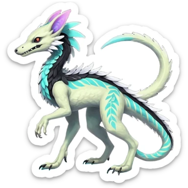Rare glowing neon realistic tribal patterned whitish pastel colorful iridescent shiny glossy feathery epic handsome gorgeous aesthetic black-skulled Vernid-Trico-Sergal-Salandit-Nargacuga-species-Fakemon-creature by LiLaiRa, 4 legs, 1 tail, random markings, (full body) long ears sticker