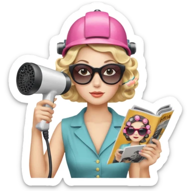 Emoji de mujer con casco secador, gafas de sol, rulos y leyendo revista, estilo vintage chic sticker