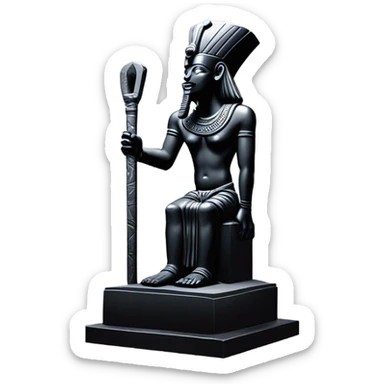 Osiris crook and flail obsidian statue on granite 30 ton brick, massive size, sunlight behind, sunset colors, reflections on black stone polished clean perfect, photography angles sticker