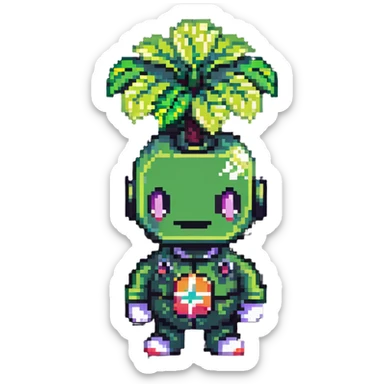 Green bomberman character, nature themed design, plant-like antenna, friendly expression, cute pixel art style sticker