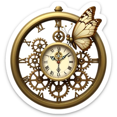 Steampunk ultra detailed clock with small butterfly sitting on top sticker