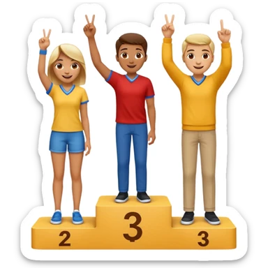 three casually dressed people on a winners podium with no numbers, middle step higher, each on their step, center person holds up one finger on each hand, fun expressive cheerful emoji style sticker