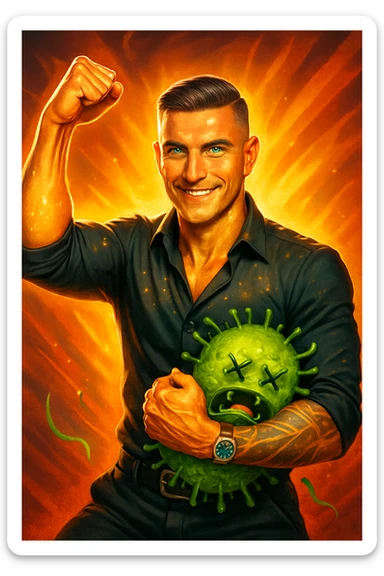 Un uomo atletico (30-40 anni) dalla pelle perfettamente liscia, senza cicatrici o imperfezioni, che emana un leggero bagliore dorato (metafora degli anticorpi).
Occhi brillanti con riflessi blu-verdi (simbolo di salute estrema).
Postura eroica, con un braccio sollevato in un gesto di forza, mentre con l'altro tiene un batterio gigante schiacciato come se fosse un mostro sconfitto. sticker