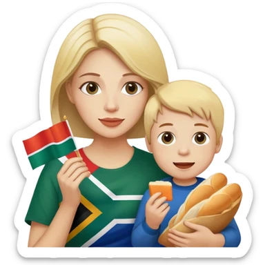 Lady with son eating white bread and holding South African flag  sticker