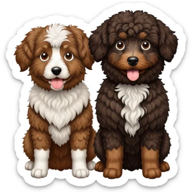 2 dogs, one is a brown Aussie doodle. the other is a black Berenedoodle with white eyebrows . Make both same size sticker