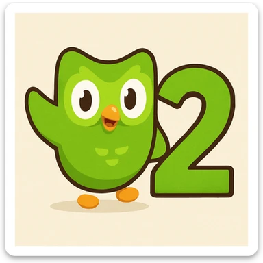 Duolingo-inspired icon with bold number 2, signature green and white palette, soft edges, cheerful vibe sticker