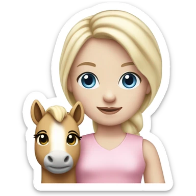 Blonde, pale skin, blue eyes girl wearing a pink dress holding her pony stuffed animal. sticker