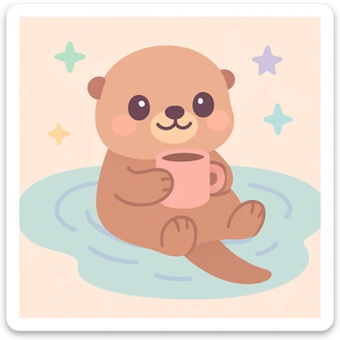 an otter floating on a lake and drinking a coffee, charming whimsical style sticker