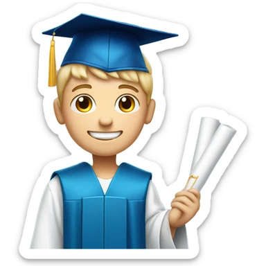 a happy boy with blue eyes and white skin wearing graduation cap while holding a diploma in his right hand  sticker