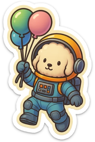 Transform the dog's outfit into a classic astronaut suit with a more robust helmet, gloves, boots, and panels on the suit, while keeping the cute style and the white sticker border. sticker