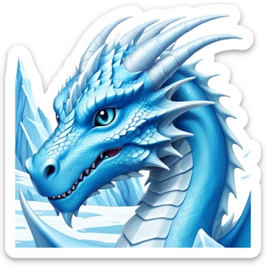 Cinematic Noble elegant Ice Dragon Portrait Emoji, Poised and imposing, distinct long elegant snout, with a slender, scaled body shimmering in glacial hues of icy blue, frostbitten silver, and crystalline white, breathing out frost, with piercing, glowing ice blue white eyes that radiate the chilling depths of an arctic storm; rendered in detail. excuding wisdom sticker
