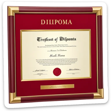  prestigious red diploma cover with gold embossed text on the front. The cover is slightly open, revealing a white certificate inside. The gold lettering glows subtly, giving it an elegant and official look. The diploma is placed at a slight angle for a professional appearance. The background is plain white sticker