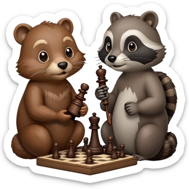 A detailed emoji of a beaver and a raccoon sitting at a chessboard, intensely focused on the game. The beaver has a thoughtful expression, holding a chess piece, while the raccoon looks mischievous, ready to make a move. sticker