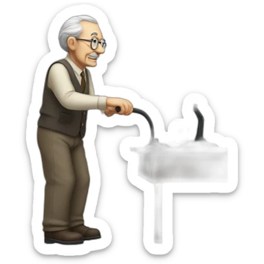 old man with a cane stands at a computer desk sticker