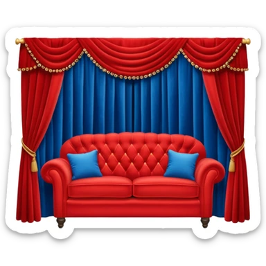 Red sofa with shiny buttons and blue curtains sticker