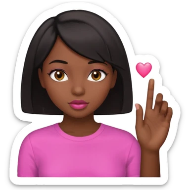 Dark skin girl asking for money with hand out make her more fabulous but still a clean look with a black bob and pink shirt  brown eye  with the kiss lips  sticker
