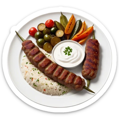 Cinematic Realistic image of a long, hand shaped Turkish Köfte, rendered with richly spiced meat textures and subtle grill marks, artfully arranged on a traditional Turkish ceramic plate alongside classic sides such as a serving of aromatic pilaf, crisp grilled vegetables, and a dollop of creamy yogurt, all bathed in warm, appetizing lighting that emphasizes its savory allure. sticker