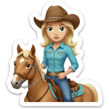 one blonde with light blue green eyes cowgirl on a quarter horse sticker