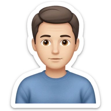 Мужчина с мягкими чертами лица, аккуратная причёска, нейтральная поза, свитер или рубашка спокойного оттенка, образ надёжный и располагающий. sticker