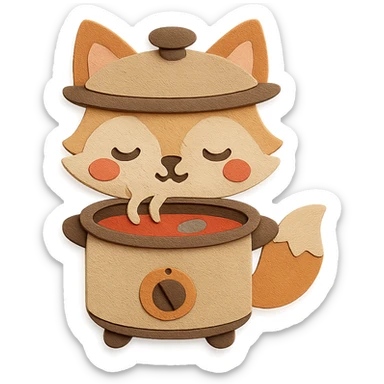 chibi slow cooker-fox hybrid, simmering soup, cute sleepy face, soft beige, full-body sticker