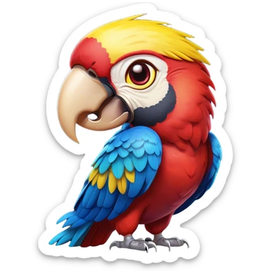 Cinematic Comical Macaw Portrait Emoji, Head tilted dramatically with an exaggeratedly shocked expression, featuring vibrant, bold plumage and wide, comically expressive eyes full of humorous disbelief, Simplified yet hilariously expressive features, highly detailed, glowing with a slightly sassy tropical glow, high shine, dramatic yet playful, stylized with an air of quirky avian attitude, soft glowing outline, capturing the essence of a meme-worthy macaw that looks ready to side-eye its way into viral fame! sticker