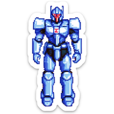 Nemesis Prime standing pose, pixel art, metallic blue and black armor, red highlights, retro video game look sticker