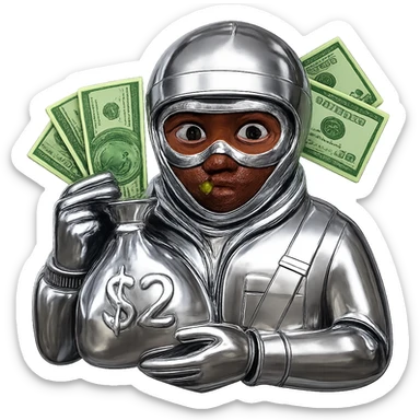 Edit the image to make the face brown and the money green, keep everything else in chrome 3D metallic style. Remove the background. sticker