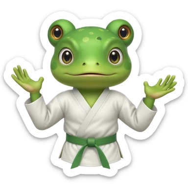 cute frog doing karate portrait, head and shoulders only, wearing white gi uniform, green belt visible, funny serious face, 3D cartoon, mobile game icon style, clean background, no text, no watermark
 sticker