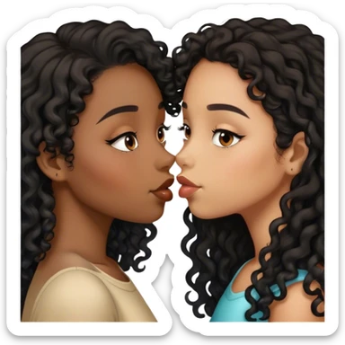 two girls kissing one with brown skin and black curly hair and one with light brown skin and black straightened long hair  sticker