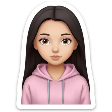 A pretty girl with light skin and long straight black brown hair, wearing a very light pink basic hoodie with brown eyes and makeup and a round face sticker