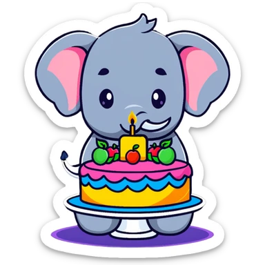 elephant beside one colorful candle-lit fruit cake sticker
