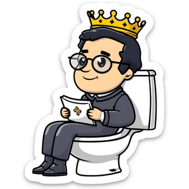 King Charles III with crown sitting on a toilet, wearing round glasses and black hair sticker