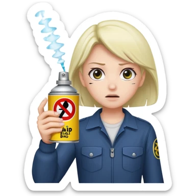 Anime character using a can of raid bug spray looking disgusted sticker