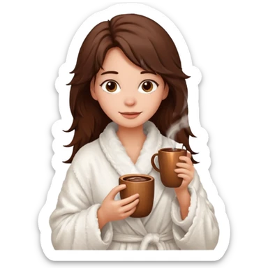 {
      "type": "human",
      "look": "fluffy robe woman, messy hair, holding cup of cocoa",
      "description": "a woman in a fluffy robe with messy hair, holding a cup of cocoa"
    } sticker
