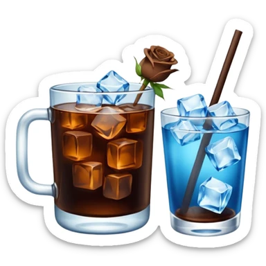 Cold brew coffee with mini roses blue light and small size mini glas cup with ice cubs sticker