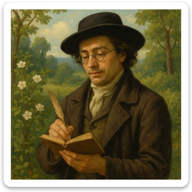 a poet dressed in traditional costume, wearing a chapeau and round glasses, holding a notebook, surrounded by nature, with a gentle and thoughtful expression sticker